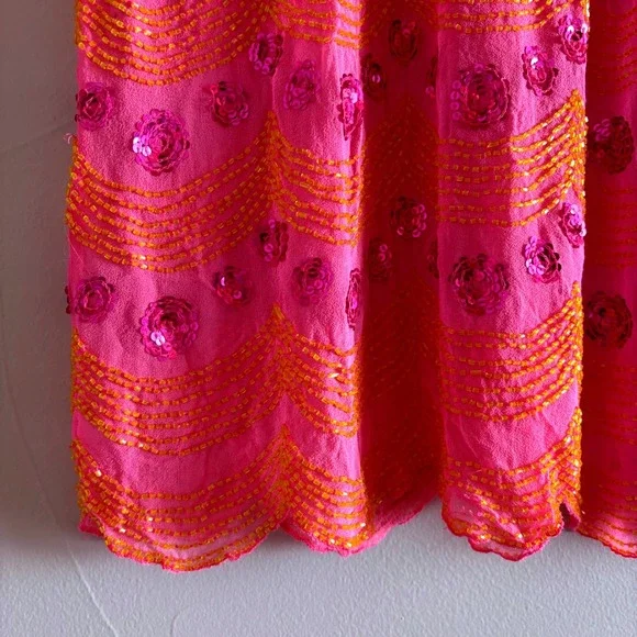 Antik Batik Pink Orange Beaded Silk Blouse 3/4 Sleeve Scalloped Hem Top Medium - Picture 4 of 13